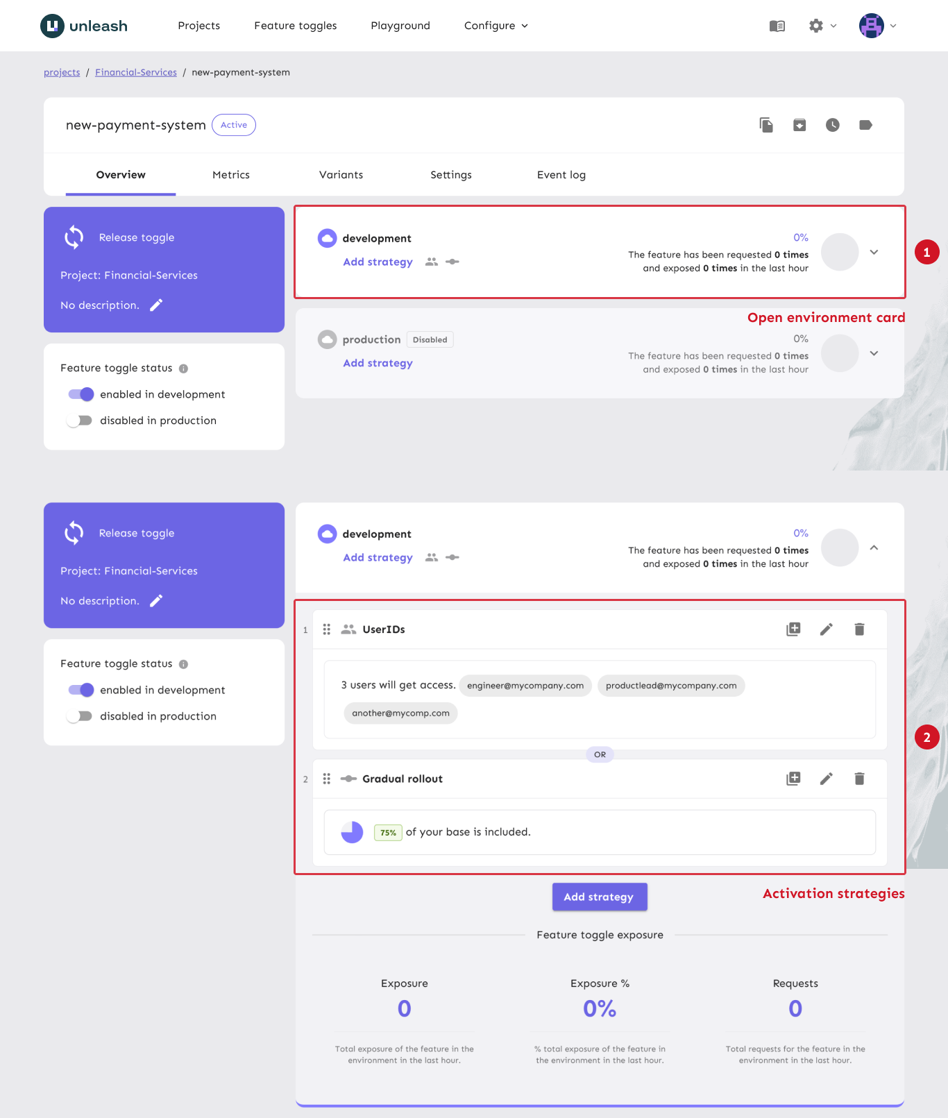 A feature toggle strategies tab showing three different environments, of which one is active. The UI displays data about the currently selected environment, 