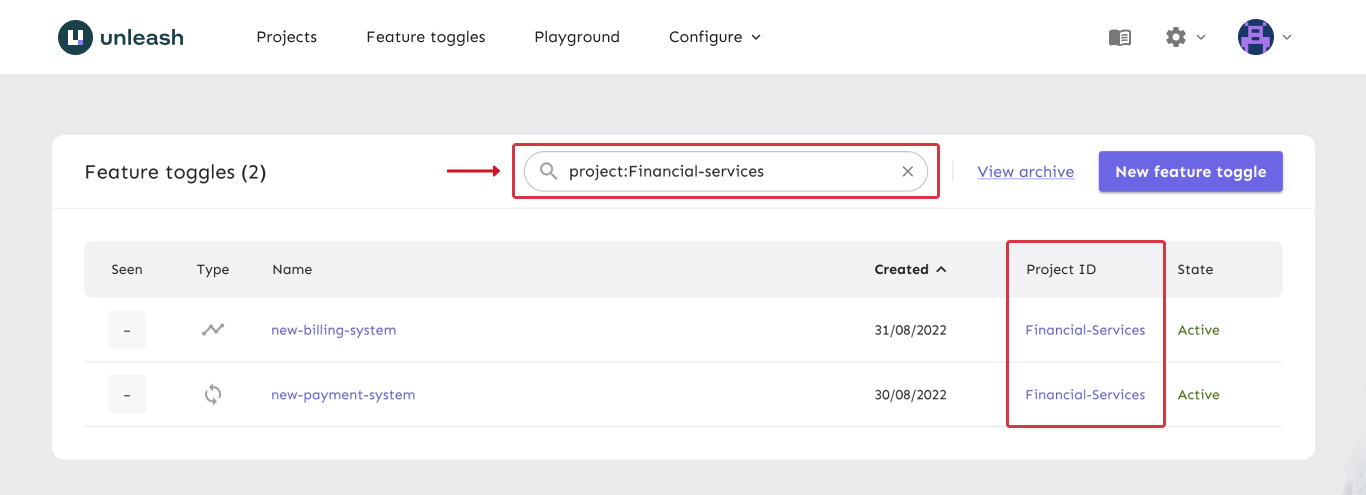 The feature toggle list with an overlay listing all the projects available. You can select a project and the list will update with the toggles belonging to that project.